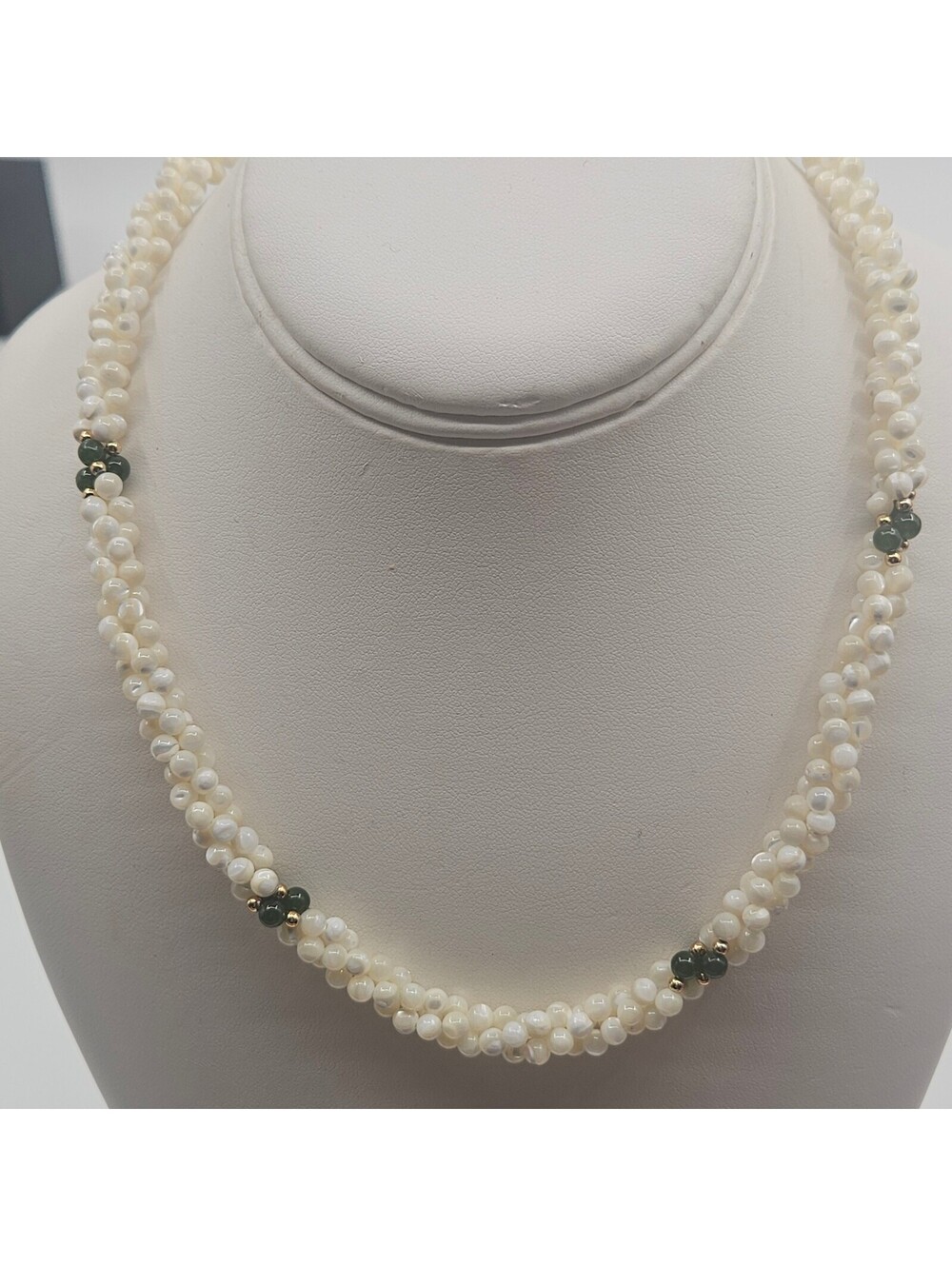 Vintage Mother of Pearl & Nephrite Jade Triple Strand Bead Necklace 17"
